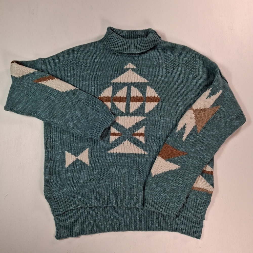 Sundance Womens Small Teal Southwestern Geometric Intarsia Turtleneck Sweater